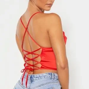 PrettyLittleThing Tops Nwt Prettylittlething Red Satin Strappy